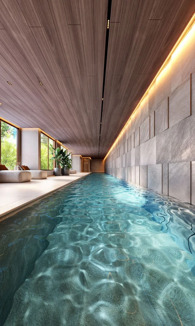 Perspectiva da piscina indoor do Endless, com raia e janelas voltadas para o jardim