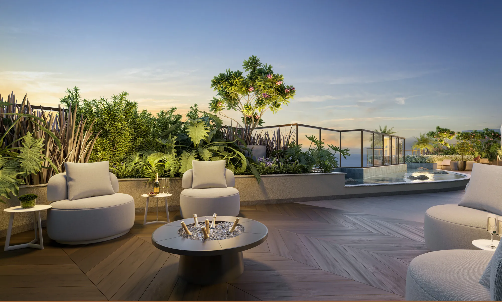 Render preliminar do Sky Lounge, rooftop com vista para a praia do WE Barra by Living