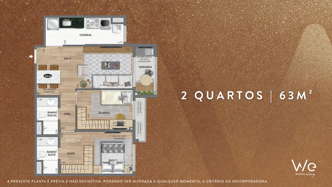 Planta do apartamento de 2 quartos de 63 m² do WE Barra by Living