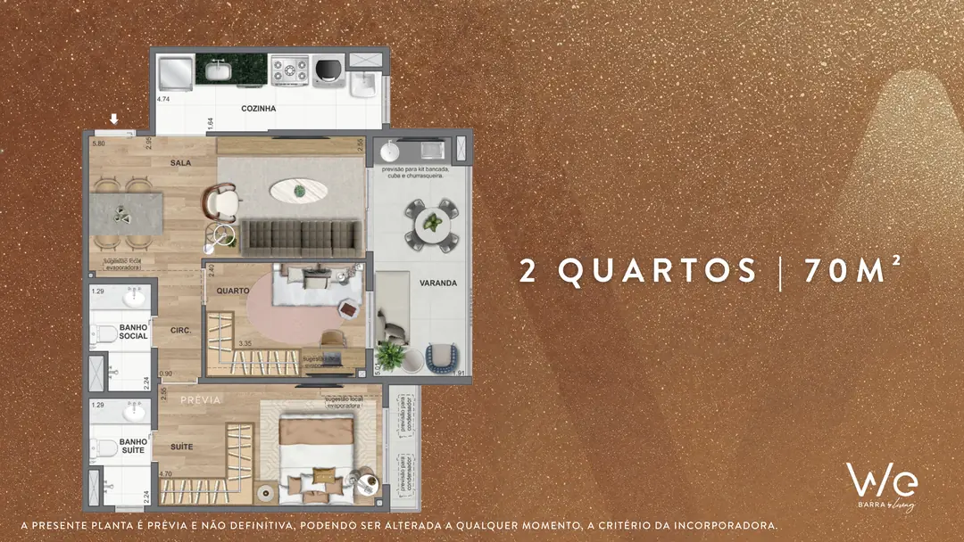 Planta do apartamento de 2 quartos de 70 m² do WE Barra by Living