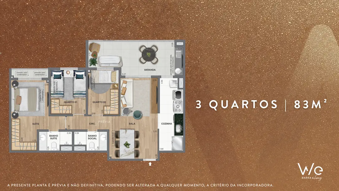 Planta do apartamento de 3 quartos de 83 m² do WE Barra by Living