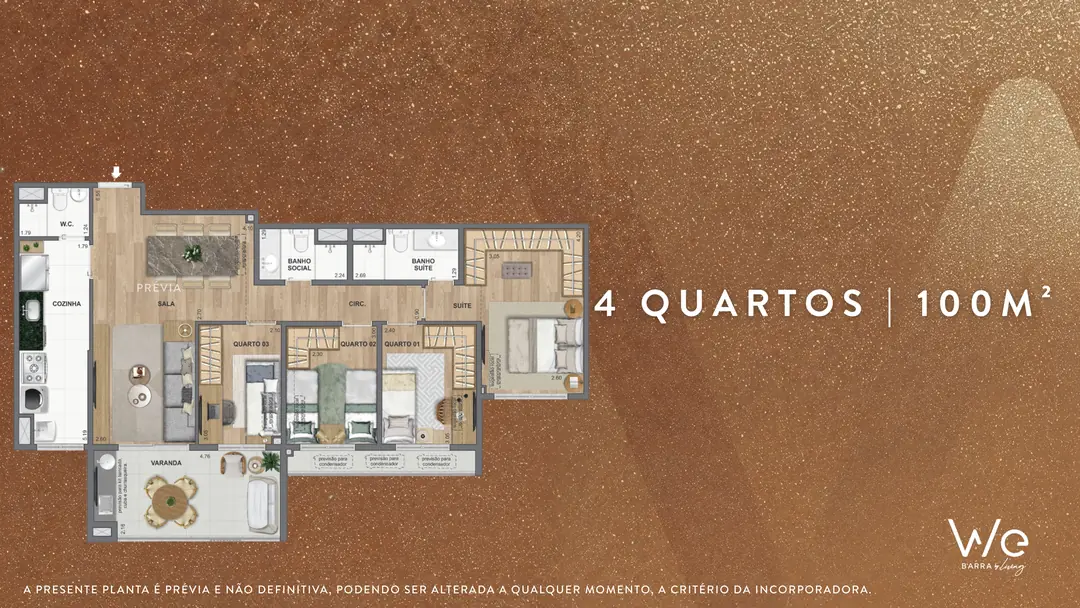Planta do apartamento de 4 quartos de 100 m² do WE Barra by Living