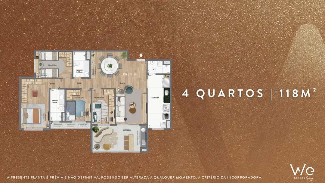 Planta do apartamento de 4 quartos de 118 m² do WE Barra by Living