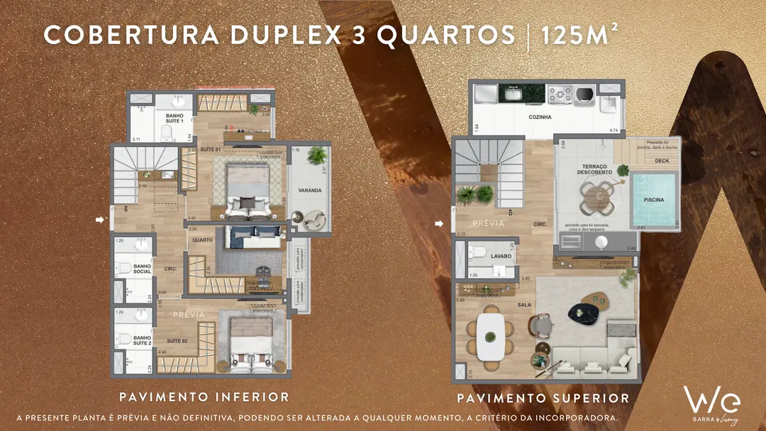 Planta da Cobertura Duplex de 3 quartos de 125 m² do WE Barra by Living