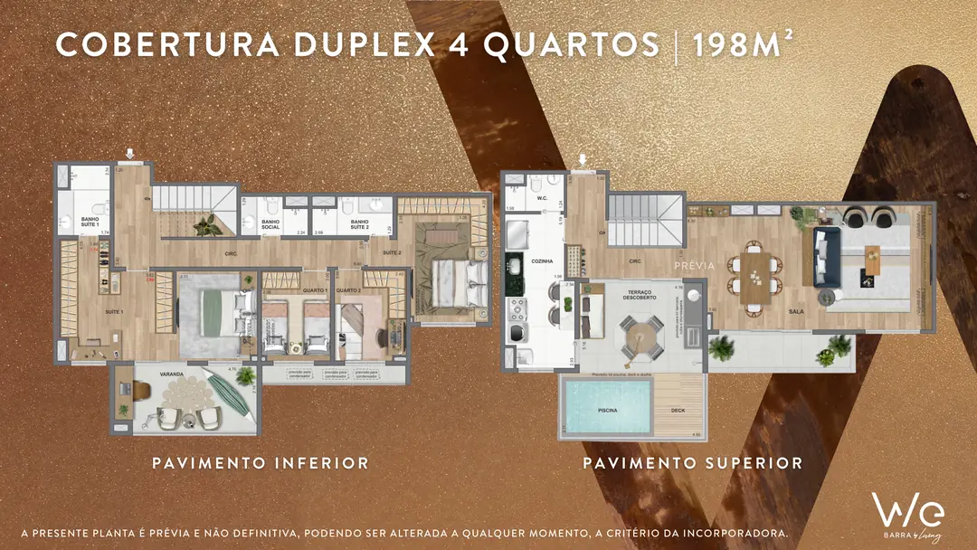Planta da Cobertura Duplex de 4 quartos de 198 m² do WE Barra by Living