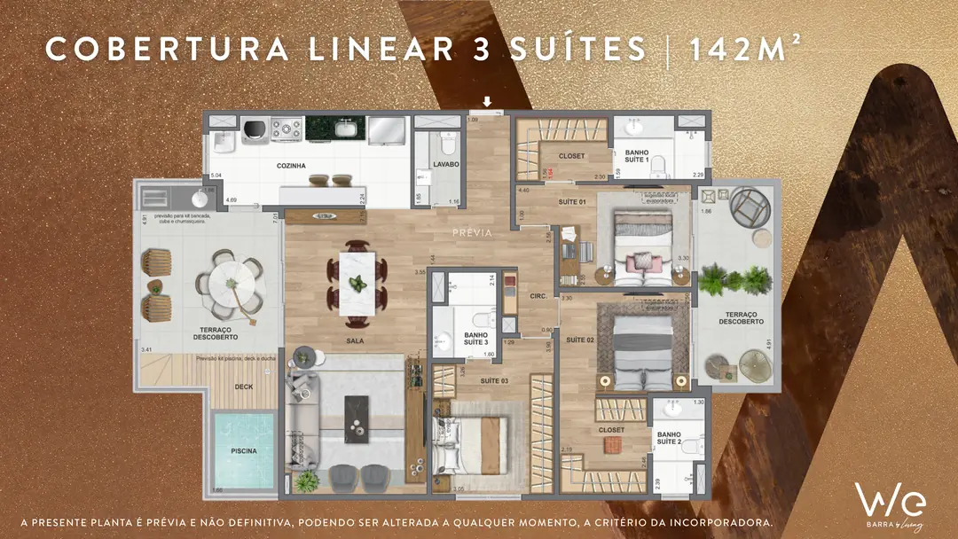 Planta da Cobertura Linear de 3 suítes de 142 m² do WE Barra by Living
