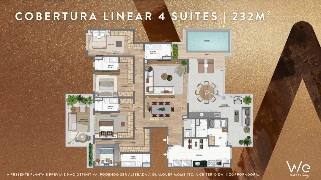 Planta da Cobertura Linear de 4 suítes de 232 m² do WE Barra by Living