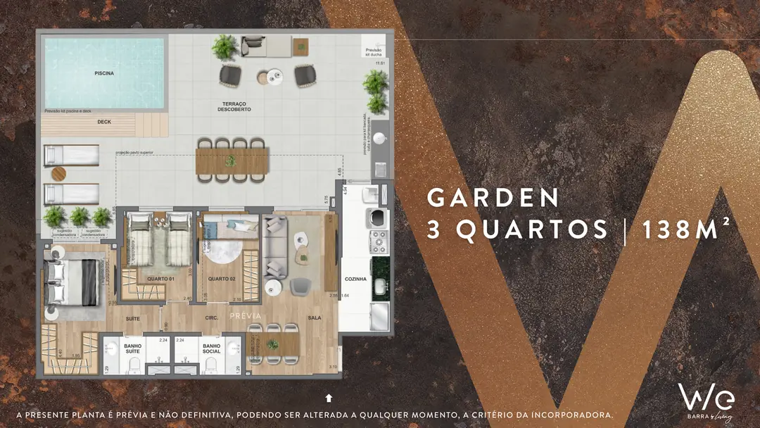 Planta do Garden de 3 quartos de 138 m² do WE Barra by Living